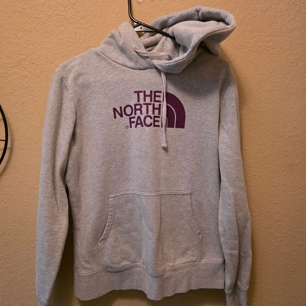 The North Face Heather Gray Hoodie with Plum Colored Logo